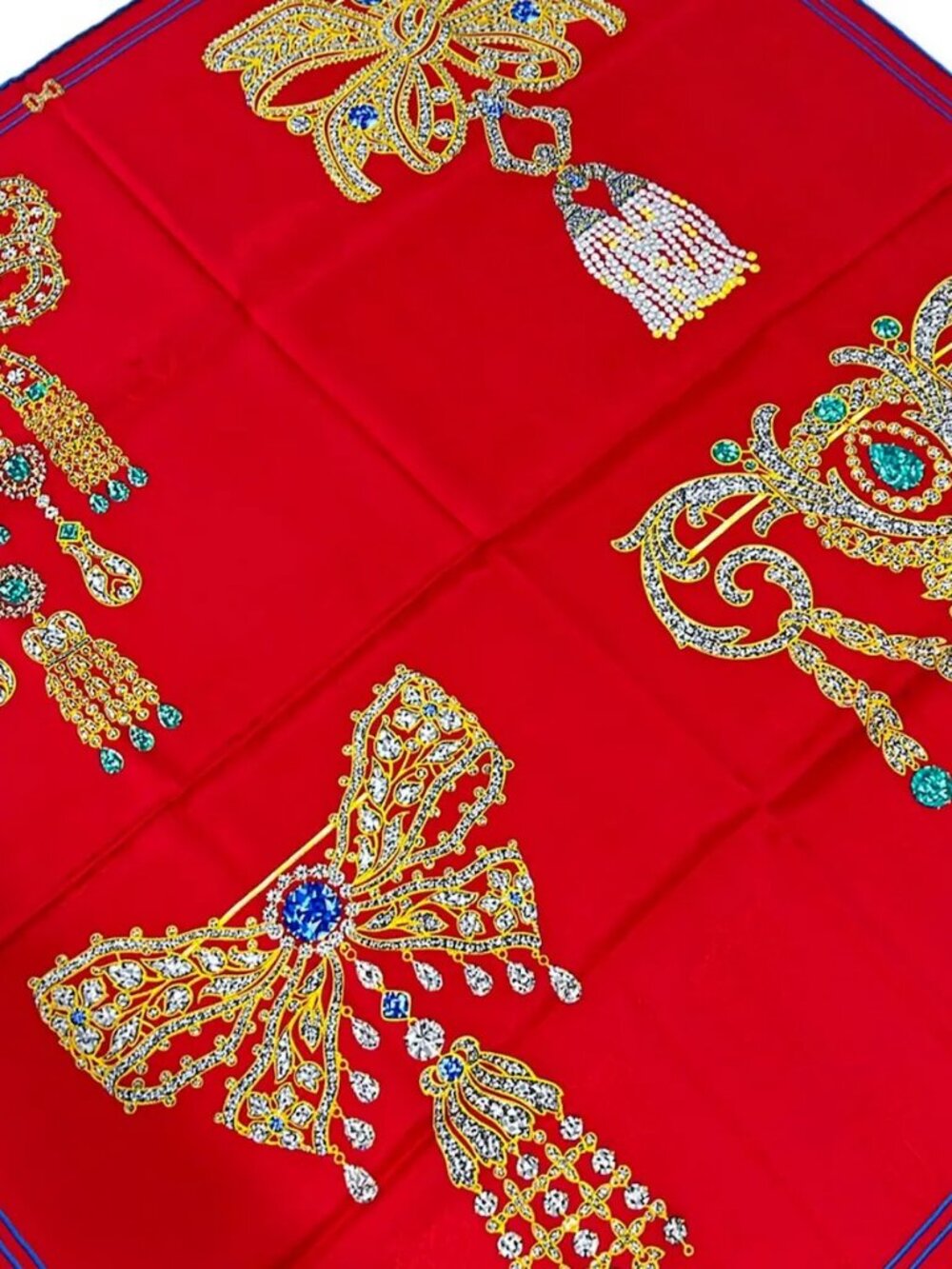 Cartier Red Yellow Gray Green Blue Multi Silk Scarf